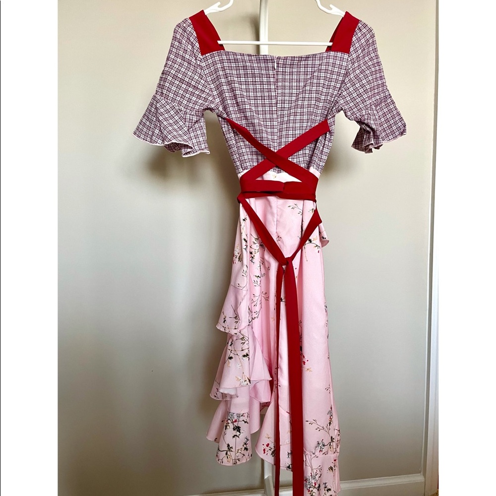 Plaids and Floral Print One-piece Asymmetry Dress